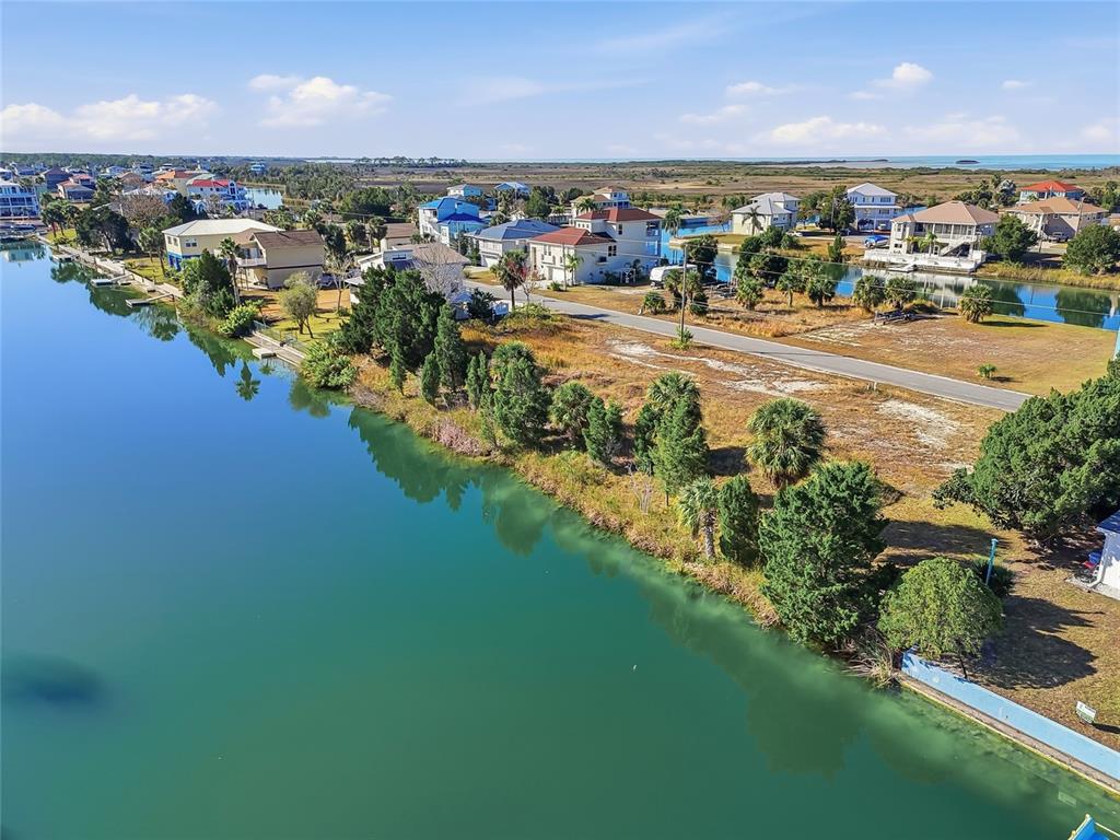 An aerial view shows waterfront houses along a canal with palm trees and vegetation — 3302 GARDENIA DRIVE, HERNANDO BEACH, FL