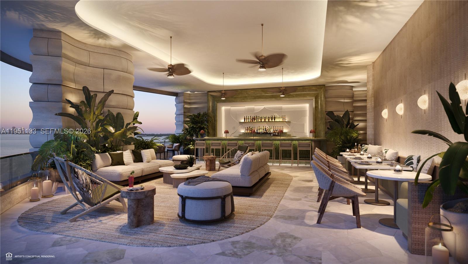 This architectural rendering shows an open-air lounge with a bar, seating areas, and ocean views — 1809 Brickell Ave # 21B, Miami FL 33129, MIAMI, FL