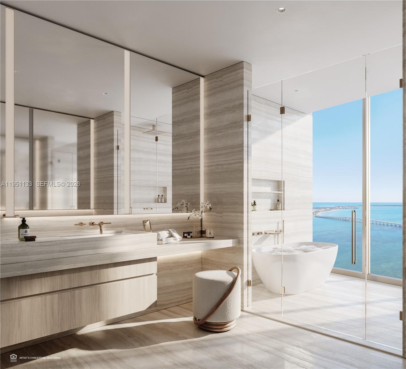 This rendering shows a modern bathroom with stone walls, a vanity, and a soaking tub — 1809 Brickell Ave # 21B, Miami FL 33129, MIAMI, FL
