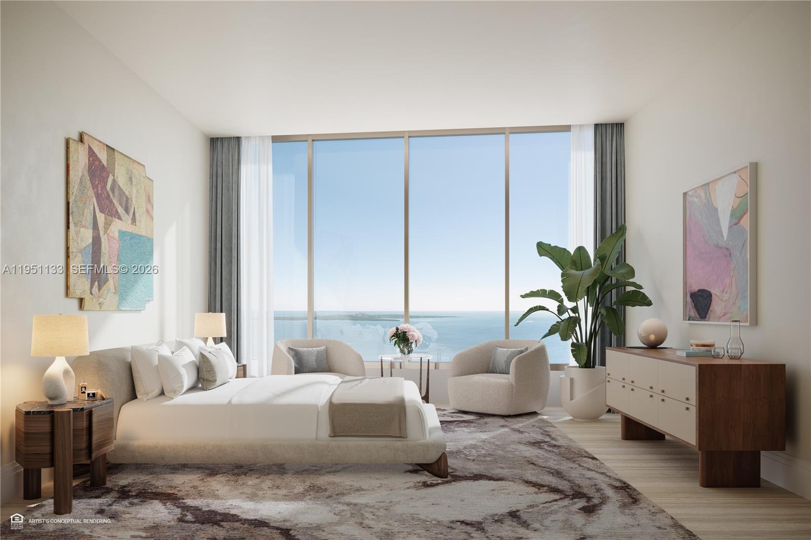 This rendering shows a modern bedroom with floor-to-ceiling windows overlooking the ocean — 1809 Brickell Ave # 21B, Miami FL 33129, MIAMI, FL