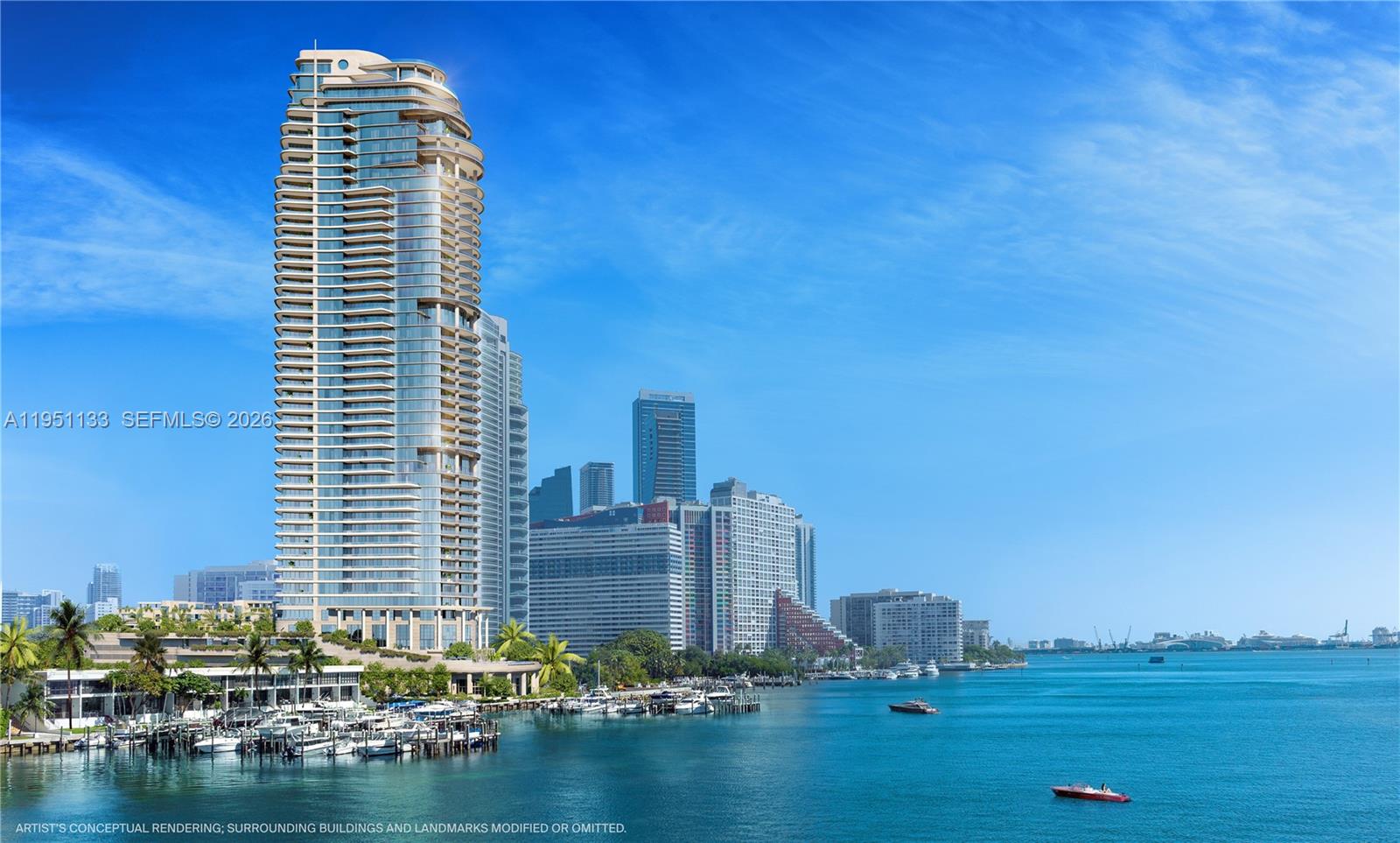 This is an artist's conceptual rendering of a modern high-rise tower overlooking a marina — 1809 Brickell Ave # 21B, Miami FL 33129, MIAMI, FL