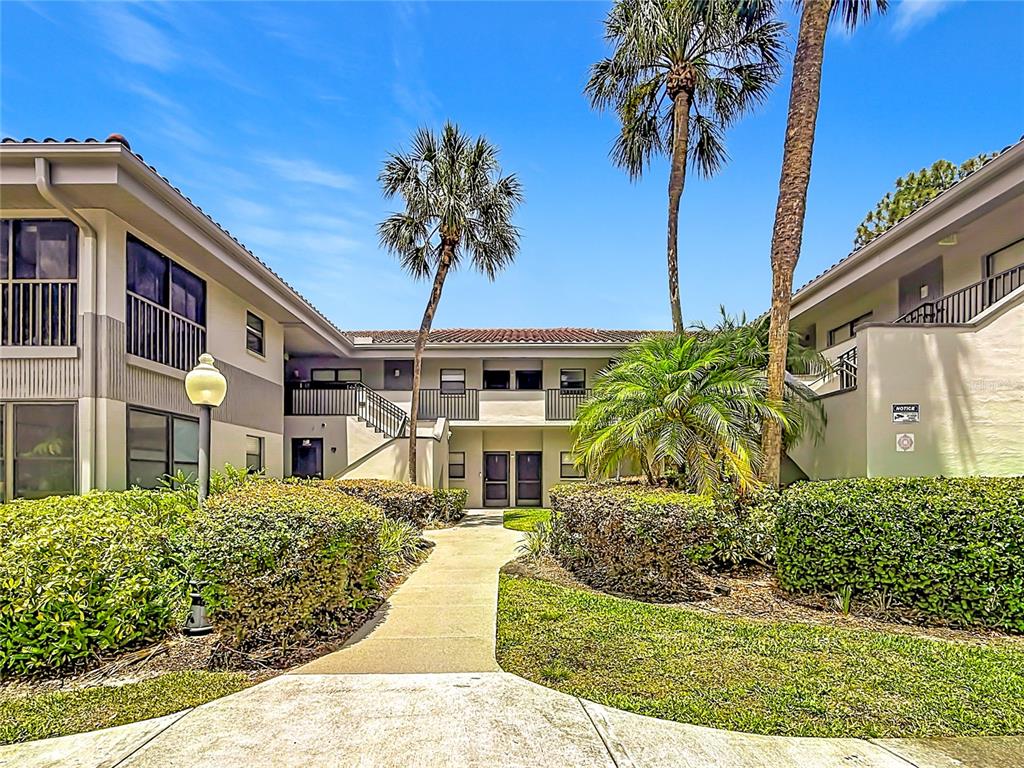 A concrete walkway leads to the entrance of a two-story apartment building with palm trees — 2650 COUNTRYSIDE BOULEVARD UNIT E103, CLEARWATER, FL