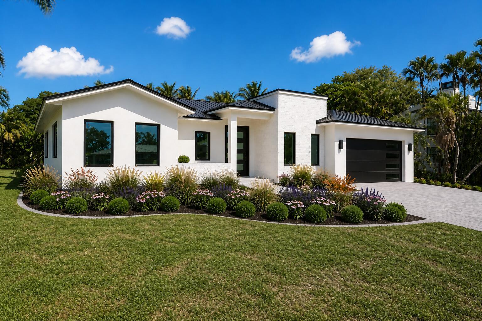 A modern white house with a black metal roof and a two-car garage — 11 Middle Road, Sewalls Point FL 34996, SEWALLS POINT, FL