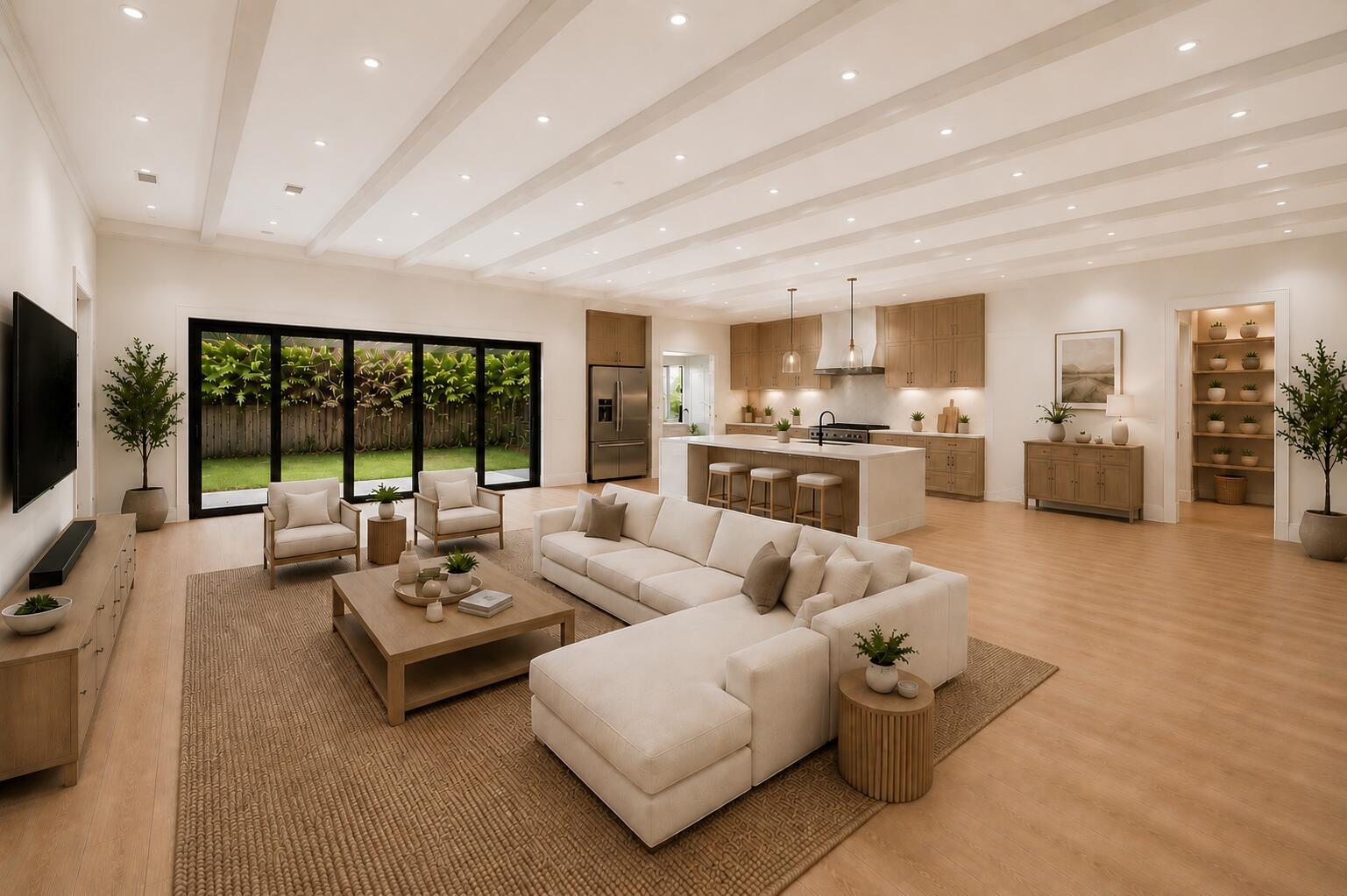 A spacious, open-concept living room and kitchen featuring light wood floors and beamed ceilings — 11 Middle Road, Sewalls Point FL 34996, SEWALLS POINT, FL