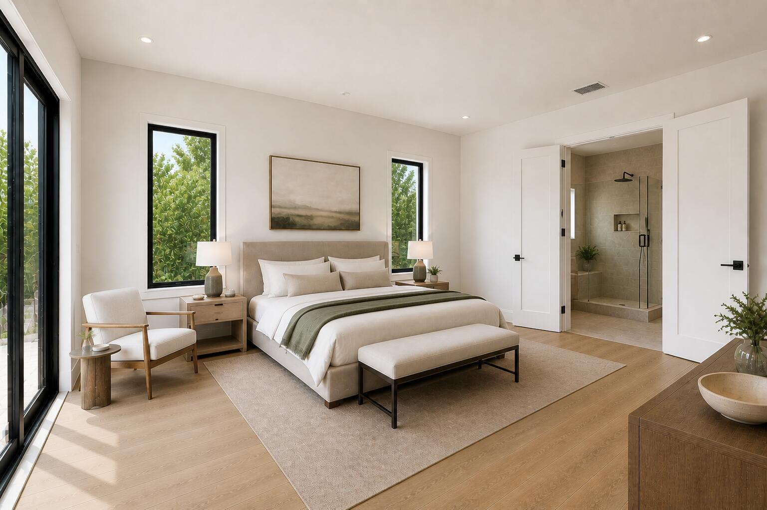 A modern bedroom features a king bed, neutral decor, light wood floors, and an ensuite bathroom — 11 Middle Road, Sewalls Point FL 34996, SEWALLS POINT, FL