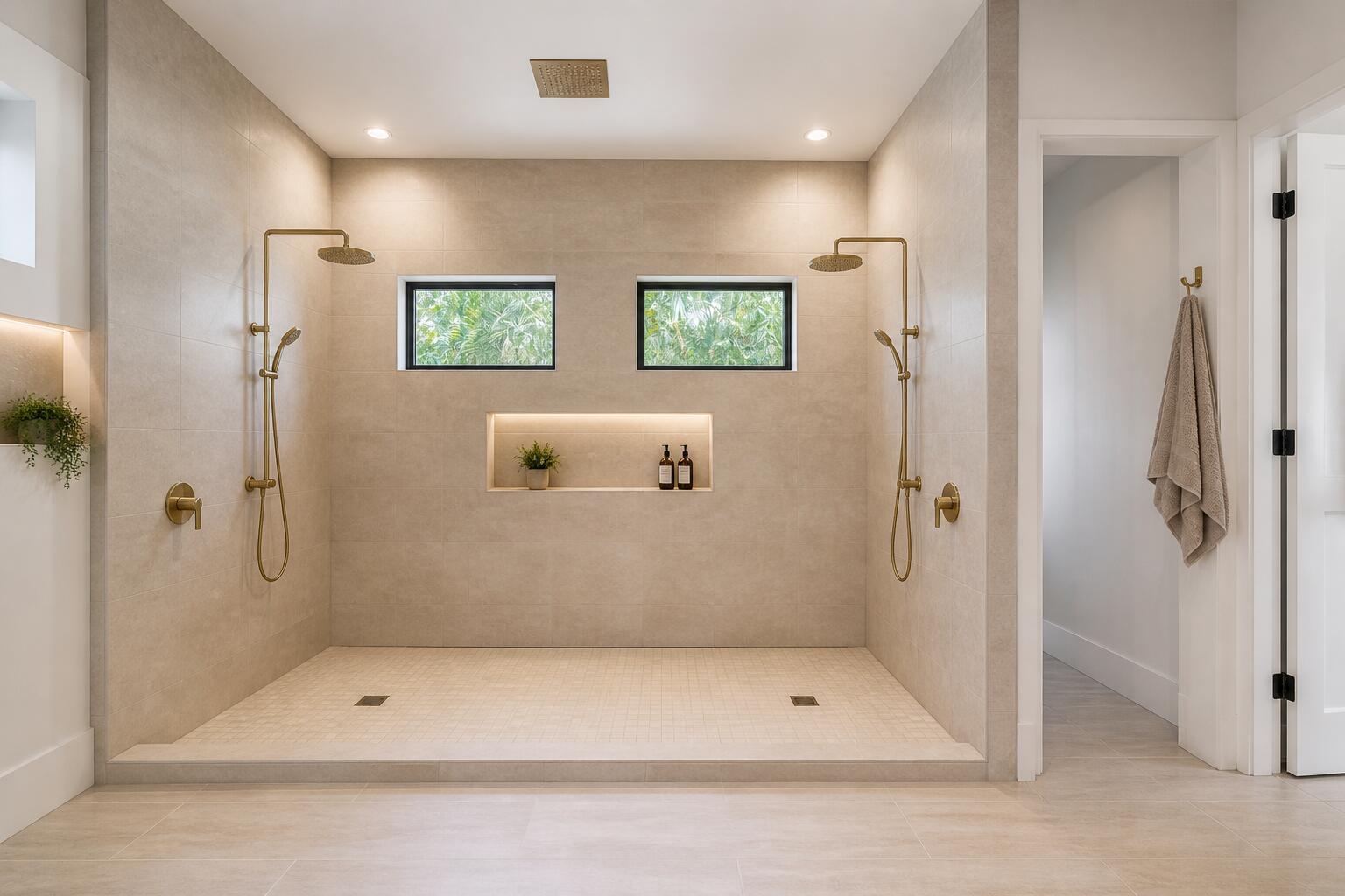 A modern walk-in shower features dual brass showerheads, beige tile walls, and a recessed niche — 11 Middle Road, Sewalls Point FL 34996, SEWALLS POINT, FL