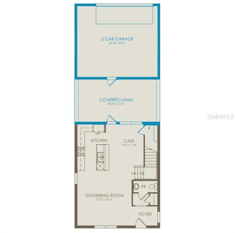 This is a floor plan of a home's first level featuring a garage and lanai — 10782 LEAFY LAUREL STREET, ORLANDO, FL