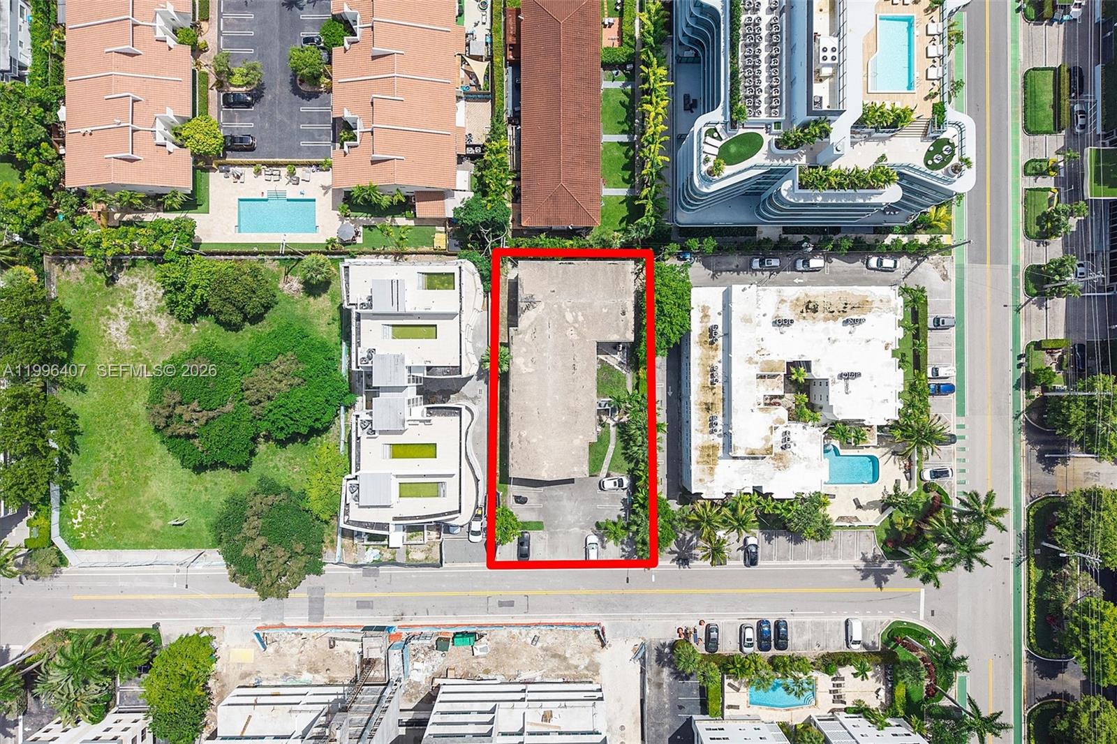 An aerial view shows a rectangular property lot containing a building and parking area — 1160 100th St, Bay Harbor Islands FL 33154, BAY HARBOR ISLANDS, FL