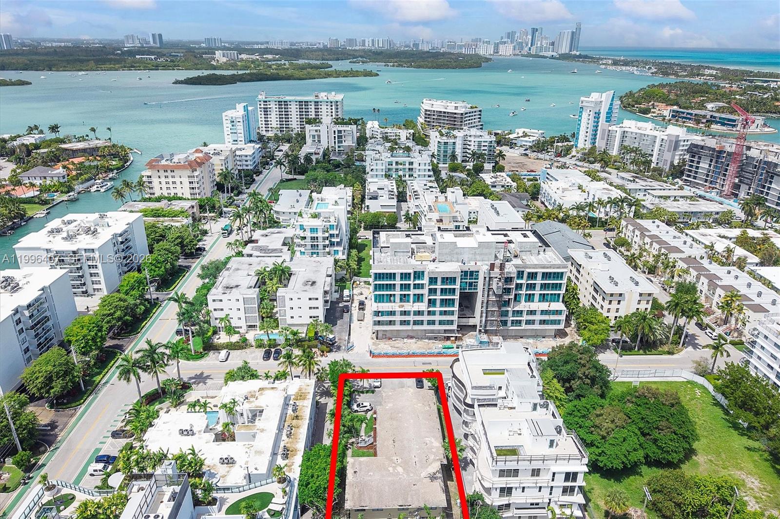 An aerial view shows a rectangular lot outlined in red within a dense urban area — 1160 100th St, Bay Harbor Islands FL 33154, BAY HARBOR ISLANDS, FL