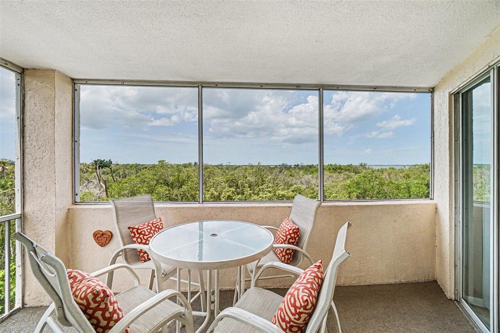 A screened-in balcony features a glass-top table, four chairs, and a view of trees — 2625 TERRA CEIA BAY BOULEVARD UNIT 201, PALMETTO, FL