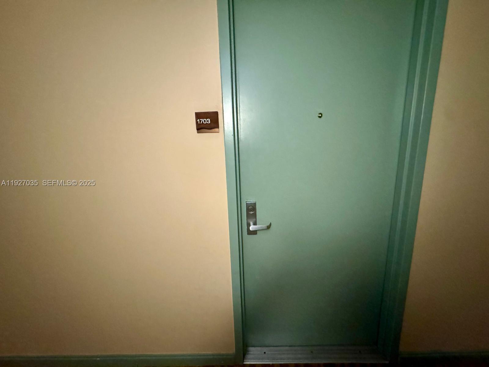A light green door with a silver handle and the number 1703 is shown — 50 BISCAYNE BLVD # 1703, Miami FL 33132, MIAMI, FL