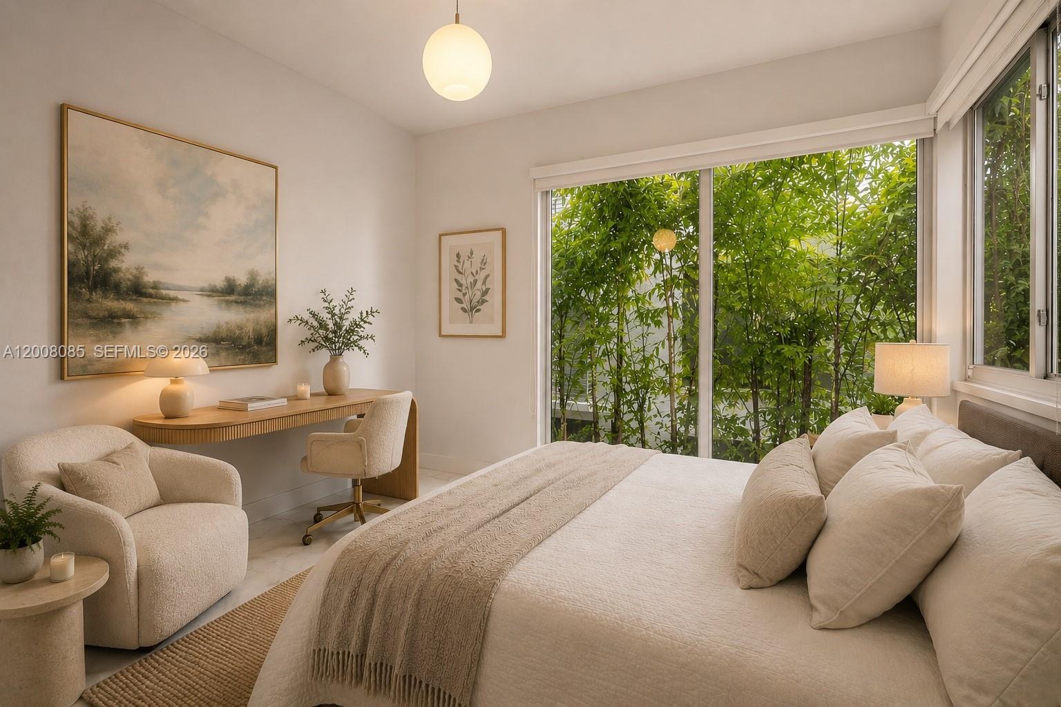 A furnished balcony features a seating area, dining set, glass railings, and views of city buildings — 545 SW 11th St # 208, Miami FL 33129, MIAMI, FL