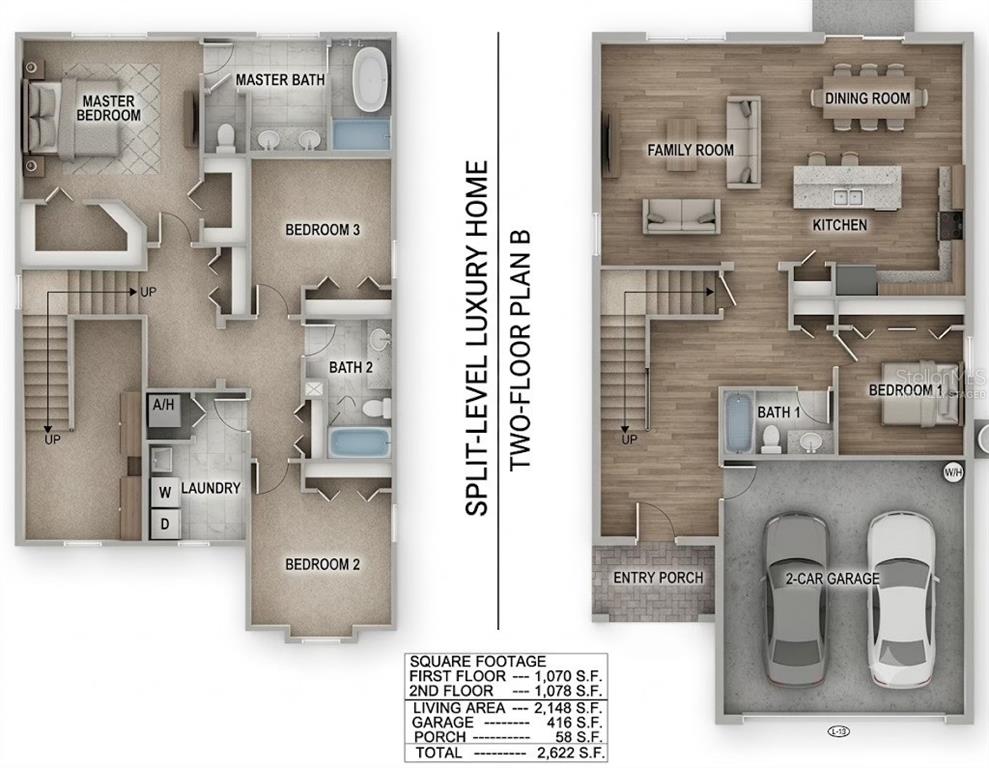 This is a floor plan for a two-story, split-level home with a two-car garage — 8021 N CLARK AVENUE, TAMPA, FL