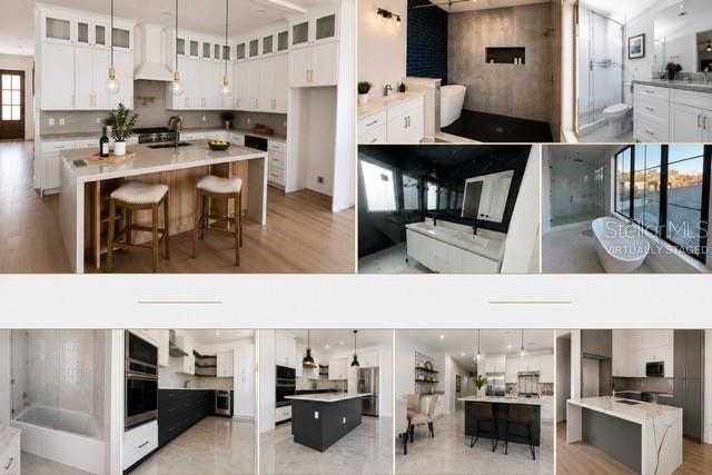 This collage displays various interior views of a modern home, including kitchens and bathrooms — 8021 N CLARK AVENUE, TAMPA, FL