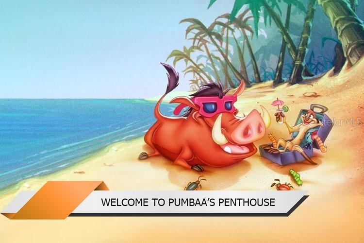 This is a digital illustration of Pumbaa and Timon relaxing on a beach — 8101 RESORT VILLAGE DRIVE UNIT 31501, ORLANDO, FL