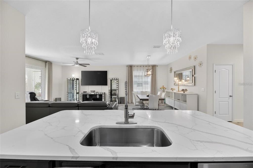 A kitchen island with a stainless steel sink overlooks an open-concept living and dining area — 12113 ECHO BASIN COVE, RIVERVIEW, FL