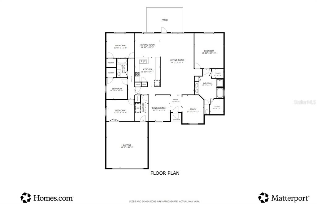 This is a floor plan of a house featuring a garage, four bedrooms, and a patio — 9086 MANCHESTER STREET, SPRING HILL, FL