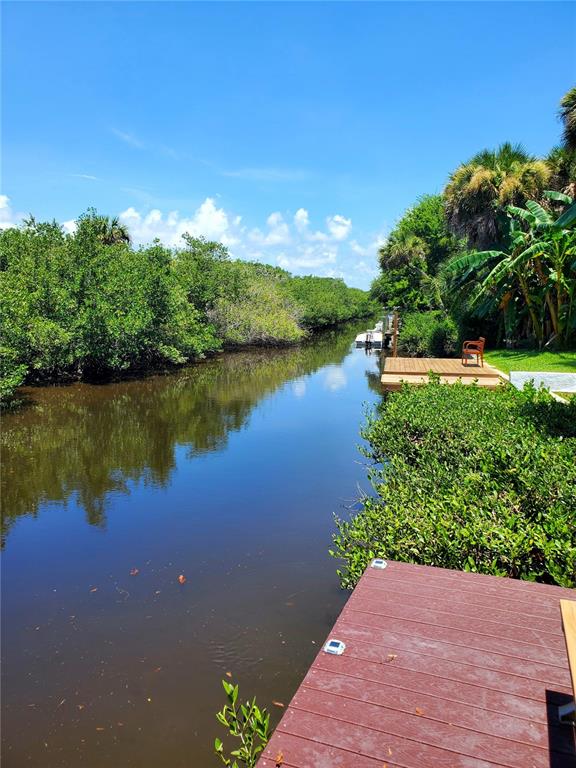 A wooden dock overlooks a narrow canal surrounded by lush green mangroves and palm trees — 4508 SAXON DRIVE, NEW SMYRNA BEACH, FL