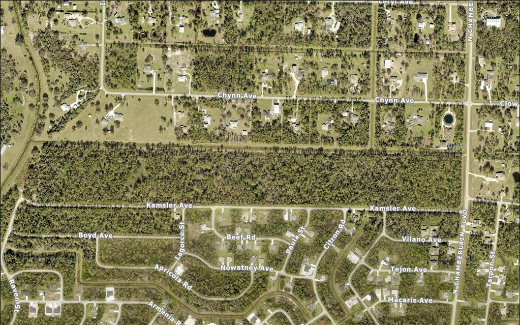 This is an aerial map view of a residential neighborhood with wooded lots and streets — KAMSLER AVENUE, NORTH PORT, FL