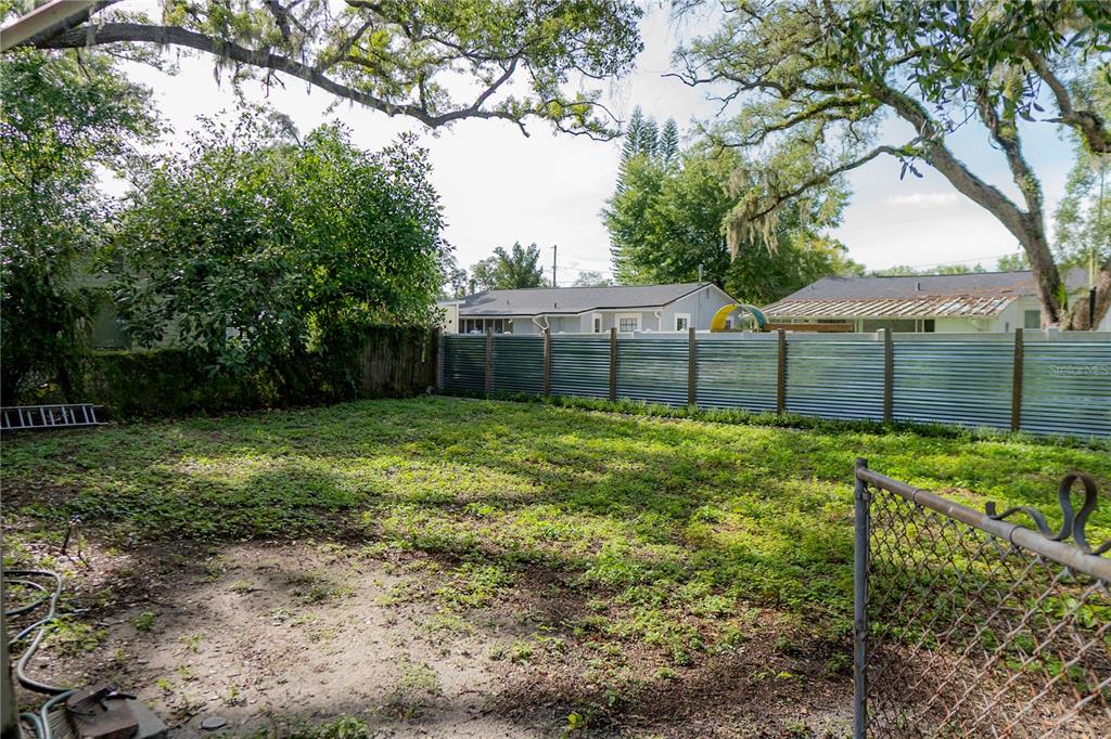 A backyard features a corrugated metal fence, patchy grass, and mature trees overhead — 1906 E CARACAS STREET, TAMPA, FL