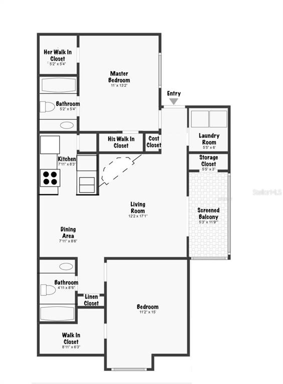 This is a floor plan for a two-bedroom apartment with two bathrooms and a balcony — 9100 DR MARTIN LUTHER KING JR STREET N UNIT 906, ST PETERSBURG, FL