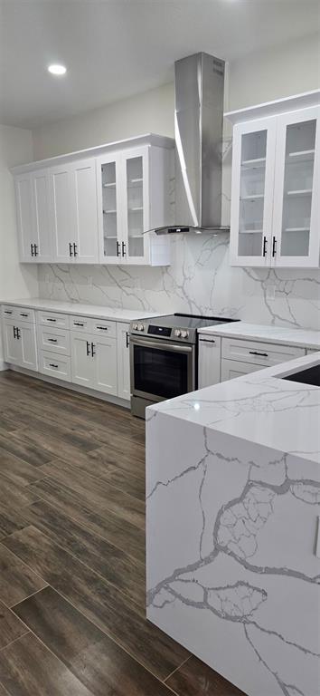A modern kitchen features white cabinets, a waterfall quartz island, and wood-look tile flooring — 20016 OAKFLOWER AVENUE, TAMPA, FL