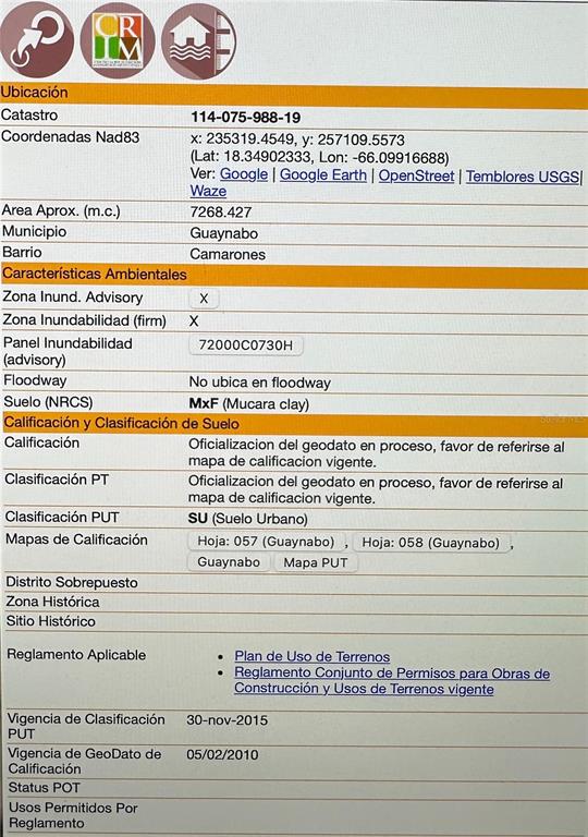 This image is a property information document detailing land classification, location, and environmental data — Lot 6 CAMINO PACO GALÁN, GUAYNABO, PR