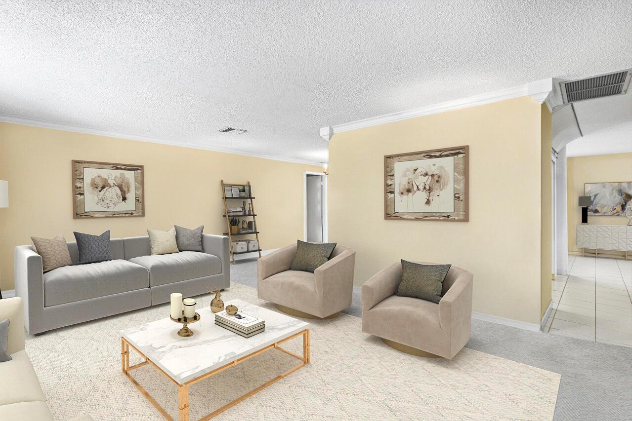 This is a digitally staged living room with a sofa, two armchairs, and a coffee table — 1802 SW 13th Avenue, Boynton Beach FL 33426, BOYNTON BEACH, FL