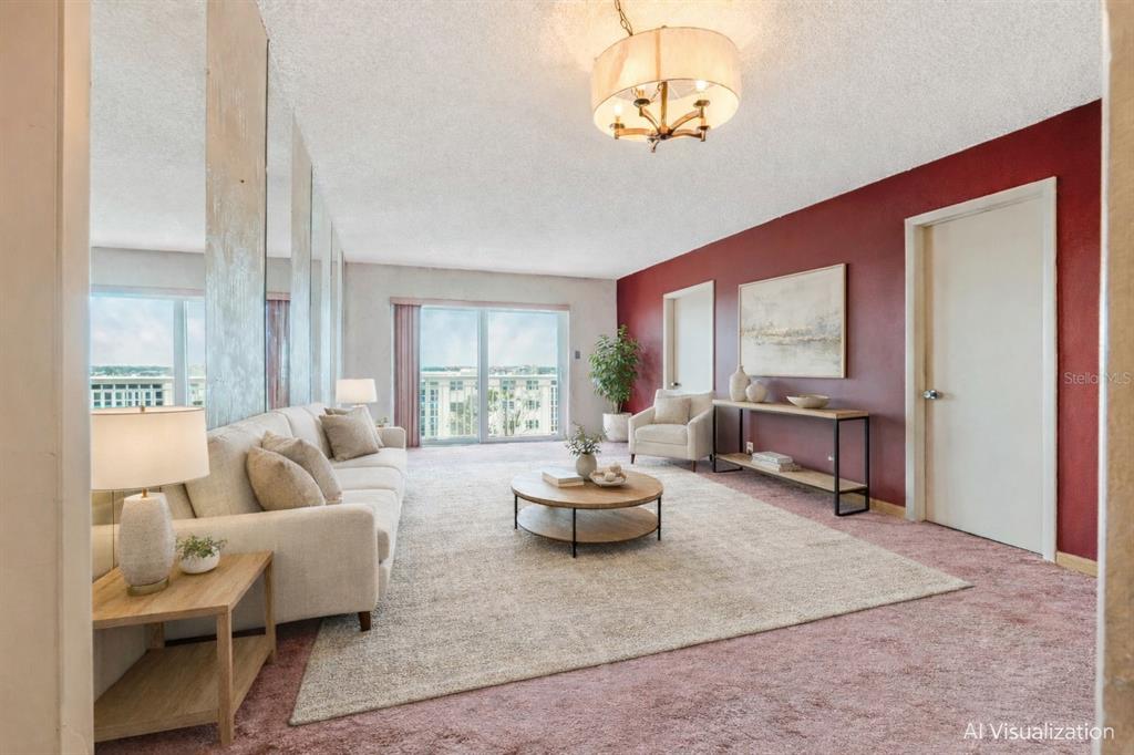 This AI visualization shows a living room with pink carpeting, a red accent wall, and mirrors — 100 SILVER BEACH AVENUE UNIT 816, DAYTONA BEACH, FL