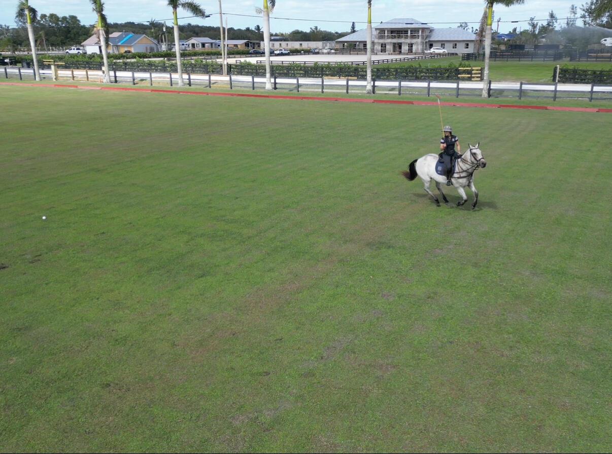 An aerial view shows a person riding a white horse on a large polo field — 16098 Deer Path Lane, Wellington FL 33470, WELLINGTON, FL