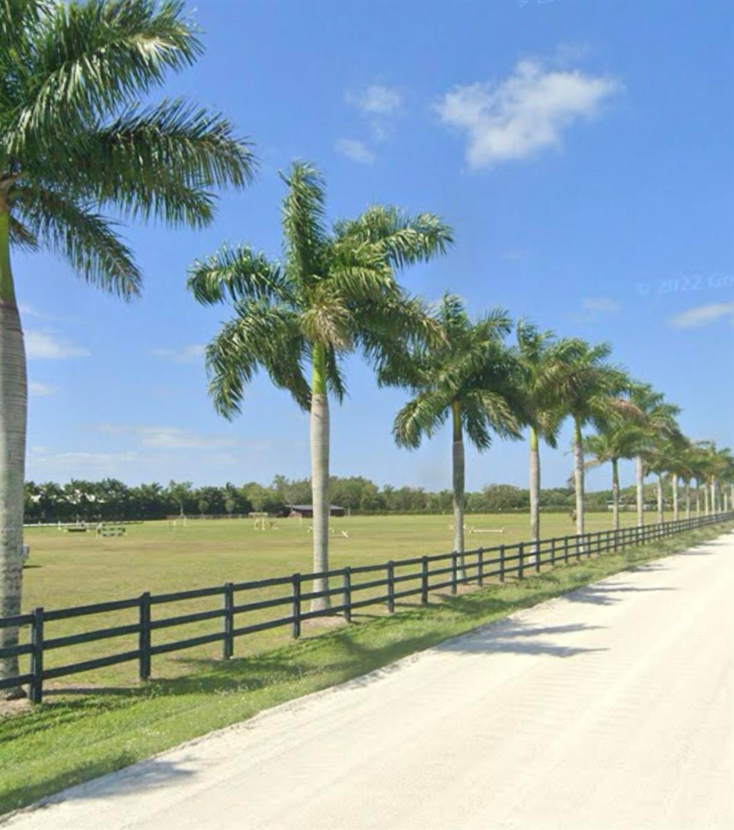 A row of palm trees lines a dirt road next to a fenced grassy field — 16098 Deer Path Lane, Wellington FL 33470, WELLINGTON, FL