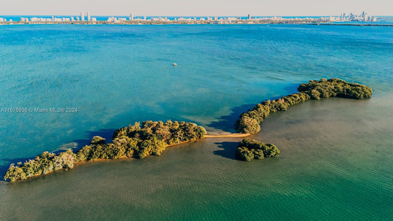 An aerial view shows a narrow, tree-covered island surrounded by blue water near a city skyline — 1 BIRD KEY, Miami FL 33138, MIAMI, FL