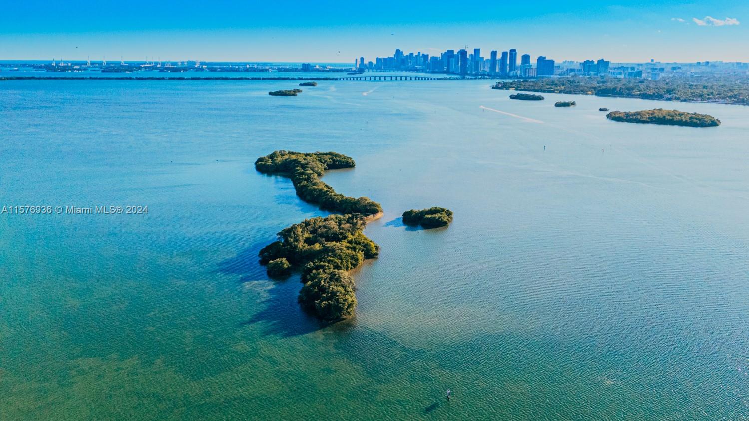 An aerial view of a small mangrove island in a bay with a city skyline — 1 BIRD KEY, Miami FL 33138, MIAMI, FL