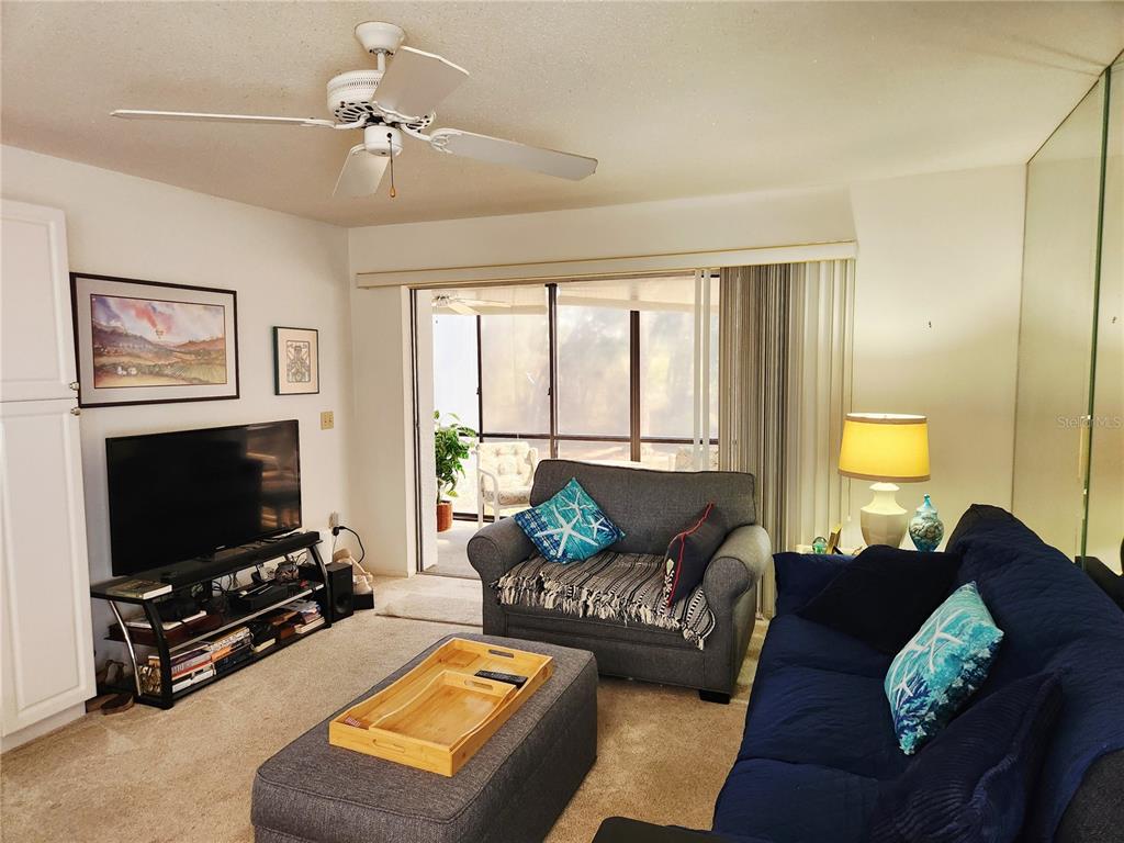 A living room features a blue sofa, a gray armchair, a television, and a sliding door — 6800 PLACIDA ROAD UNIT 193, ENGLEWOOD, FL
