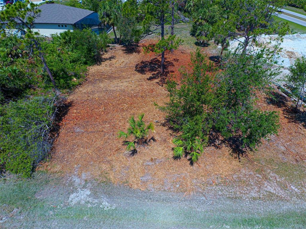 An aerial view shows a cleared, wooded residential lot with scattered trees and palmettos — 116 REDWOOD ROAD, ROTONDA WEST, FL