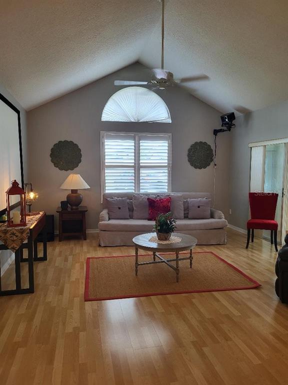A living room features a vaulted ceiling, light wood flooring, a sofa, and a ceiling fan — 3709 MOLLIE LANE, RUSKIN, FL
