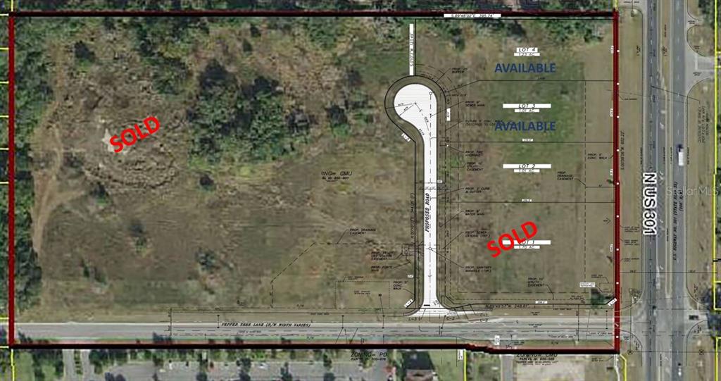 This is a site plan rendering showing a proposed road and four subdivided commercial lots — TBD N US HWY 301 Lot 3, WILDWOOD, FL