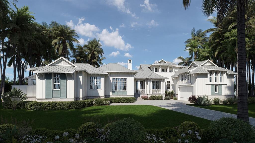 This is a digital rendering of a large, white, coastal-style house with a metal roof — 4130 SNAIL ISLAND COURT, BOCA GRANDE, FL