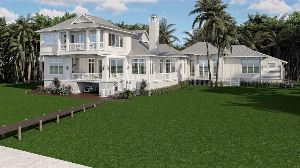 A digital rendering of a white coastal-style house with a dock and large grassy yard — 4130 SNAIL ISLAND COURT, BOCA GRANDE, FL