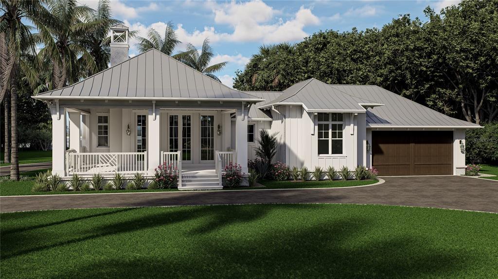 A digital rendering of a white house with a metal roof and a front porch — 4130 SNAIL ISLAND COURT, BOCA GRANDE, FL