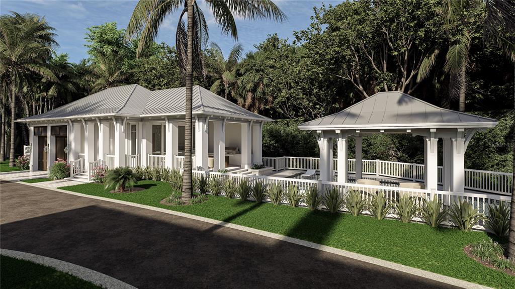 A rendering of a white house with a metal roof and a detached poolside gazebo — 4130 SNAIL ISLAND COURT, BOCA GRANDE, FL