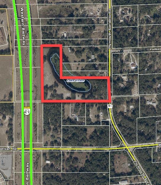 This is an aerial map showing a plot of land containing Lake Victor — 3142 PLYMOUTH SORRENTO ROAD, APOPKA, FL