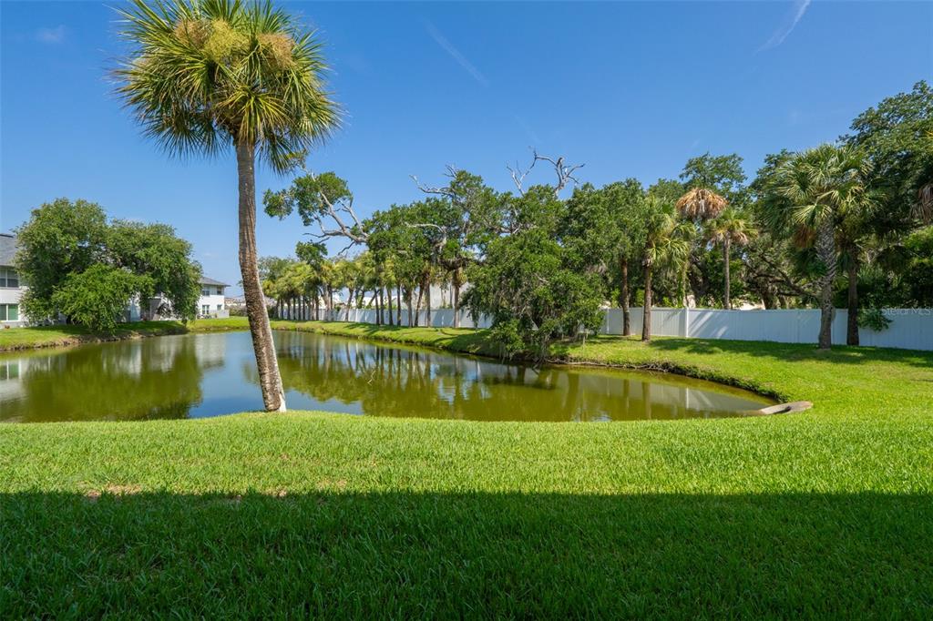 A grassy lawn overlooks a pond surrounded by trees and a white fence — 150 PORTSIDE AVENUE UNIT 103, CAPE CANAVERAL, FL