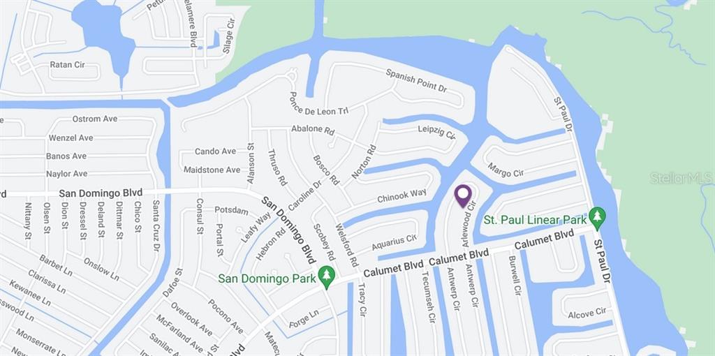 This is a map showing a residential neighborhood with streets, parks, and waterways — 8245 ARLEWOOD CIRCLE, PORT CHARLOTTE, FL