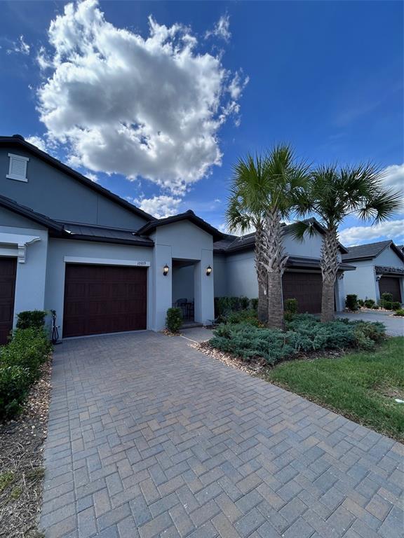 A paved driveway leads to the garage and recessed entryway of a gray suburban house — 16919 FORGE SURF STREET, LAND O LAKES, FL