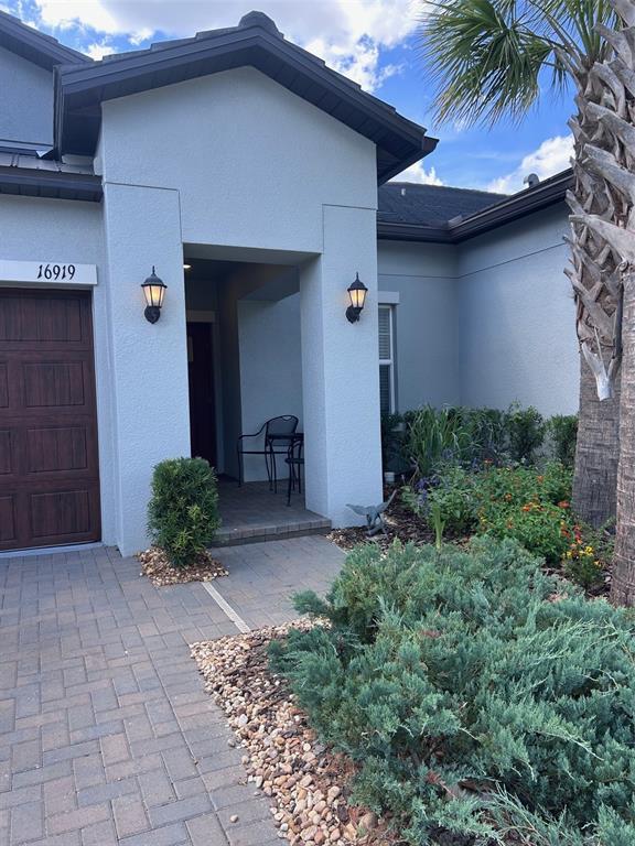 The exterior of a house features a paved walkway, a dark garage door, and landscaping — 16919 FORGE SURF STREET, LAND O LAKES, FL