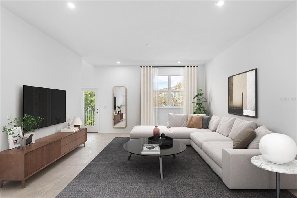 This is a rendering of a modern living room featuring a sectional sofa and television — 9616 MONTAGUE STREET, WESTCHASE, FL