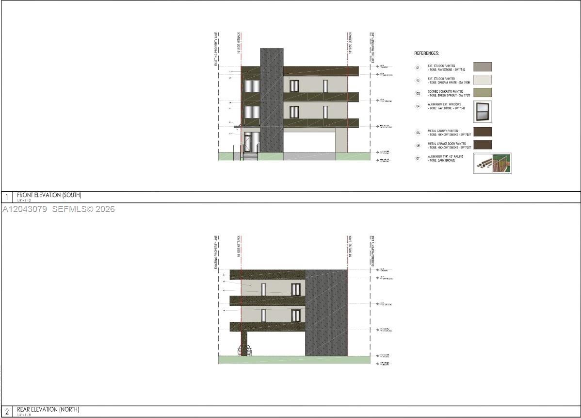 This architectural rendering shows the front and rear elevations of a modern three-story residential building — 2215 Adams St, Hollywood FL 33020, HOLLYWOOD, FL