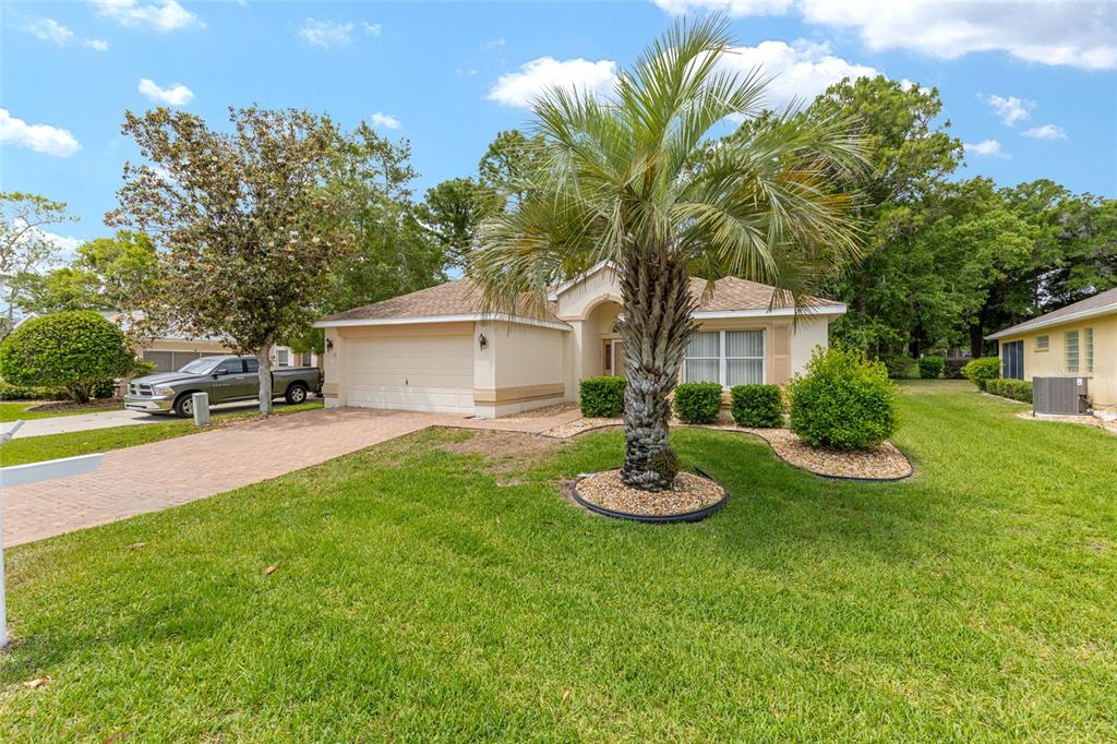 A single-story house with a beige exterior, a two-car garage, and a prominent palm tree — 11416 SW 69TH CIR, OCALA, FL