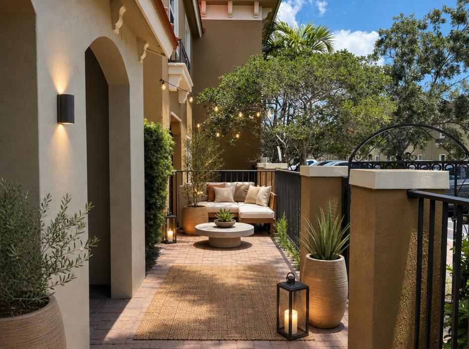 A furnished patio features a brick floor, a jute rug, and string lights at dusk — 161 Monterey Bay Drive, Boynton Beach FL 33426, BOYNTON BEACH, FL